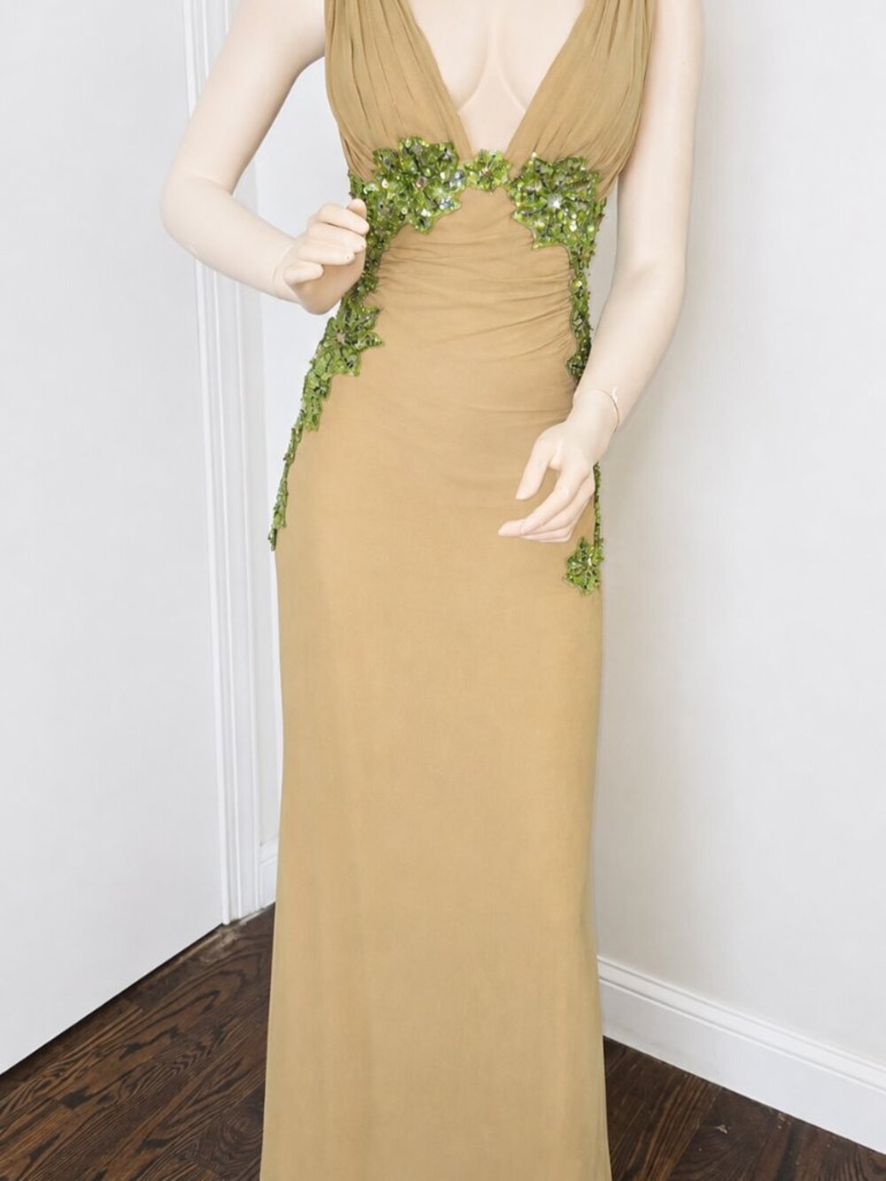 Y2K Vintage Mandalay Evening Gown Green Silk Beaded Sequin Plunging Low Cut 4 - Picture 11 of 14